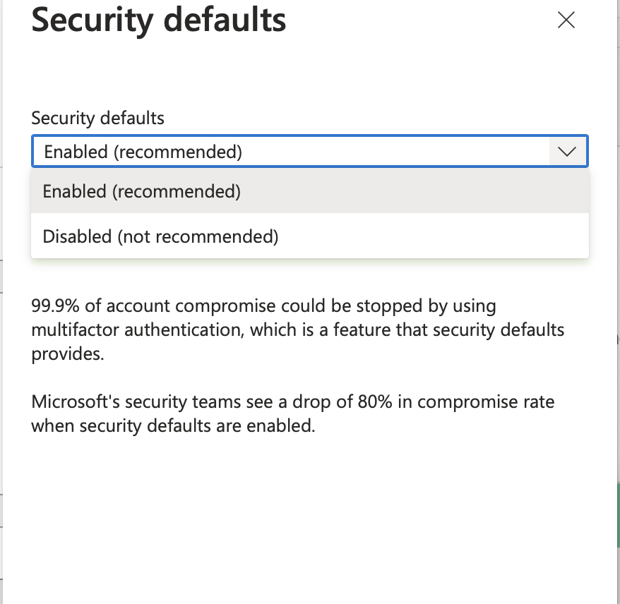 select disable security defaults